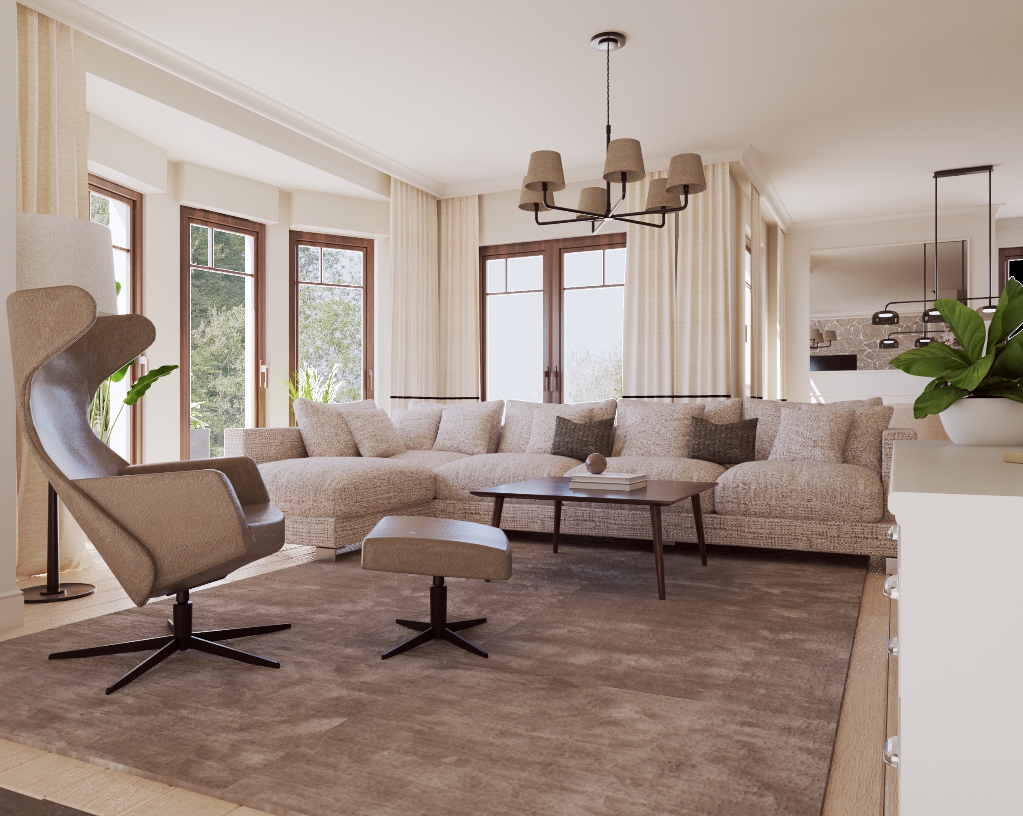 Jasny salon z narożną sofą, fotel z podnóżkiem i drewniane okna. Neutralna kolorystyka, miękkie światło. W tle widoczny fragment kamiennej ściany.