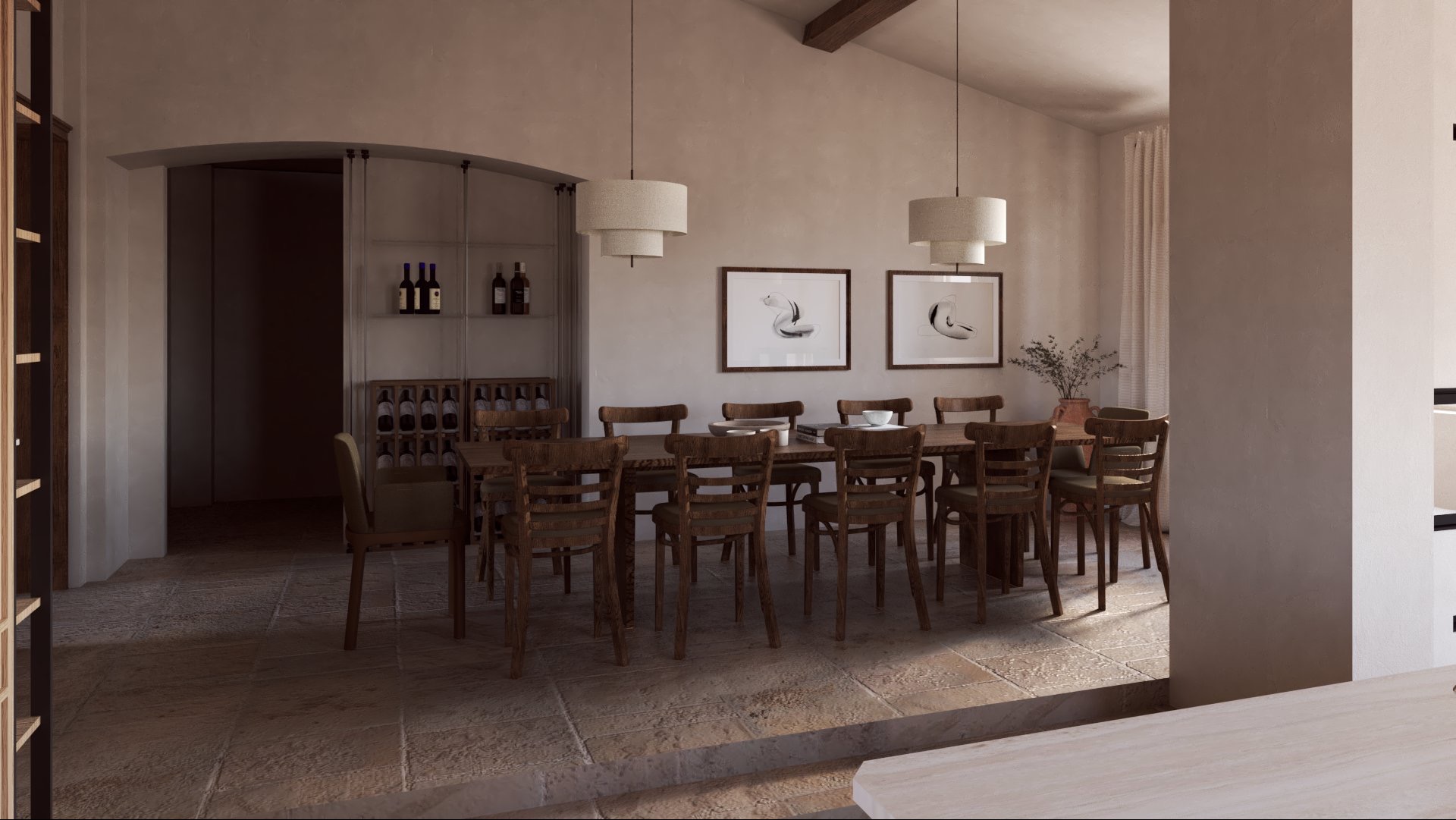 Jasna jadalnia z długim drewnianym stołem, krzesłami i dekoracjami. W tle regał na wino i grafiki na ścianie. Minimalistyczny wystrój wnętrza.