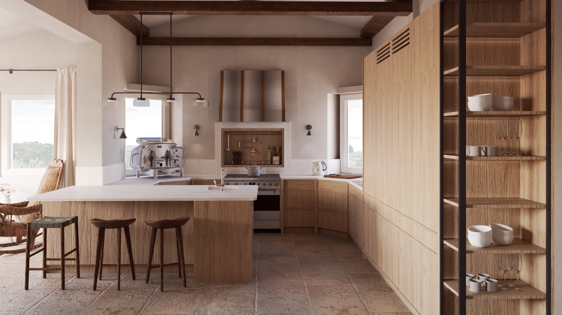 Jasna, nowoczesna kuchnia z drewnianymi elementami. Widoczne: wyspa z hokerami, zabudowa kuchenna z półkami i sprzęt AGD. Całość w ciepłej tonacji.