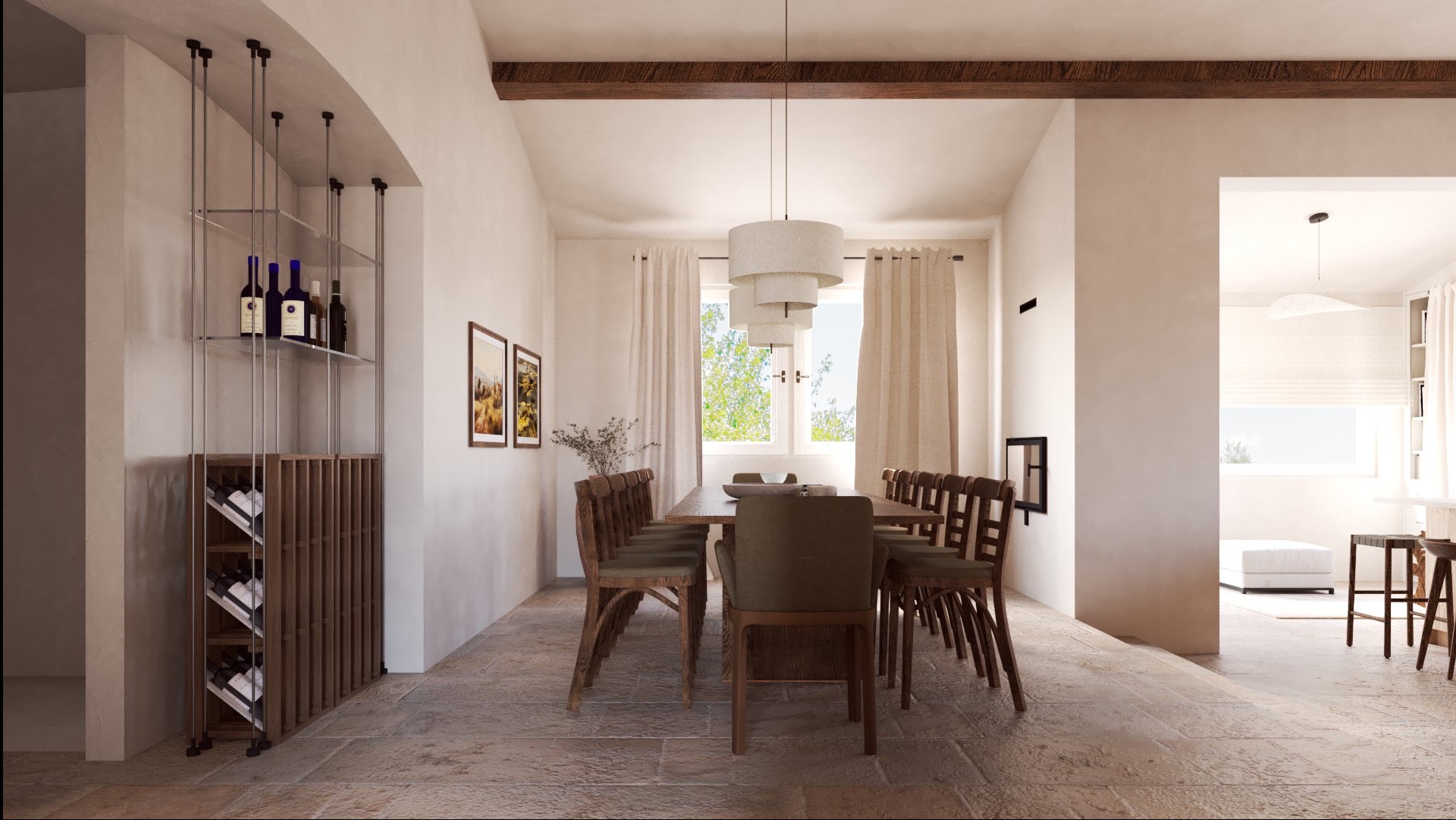 Jadalnia w stylu rustykalnym: drewniany stół, krzesła, regał na wino i lampa. Naturalne światło, kamienna podłoga i dekoracje ścienne. Przytulne wnętrze z elementami vintage.