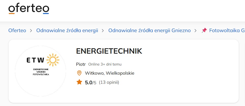 Profil firmy ENERGIETECHNIK na Oferteo: logo ETW z symbolem słońca, ocena 5.0/5, lokalizacja Witkowo. Specjalizacja: fotowoltaika.