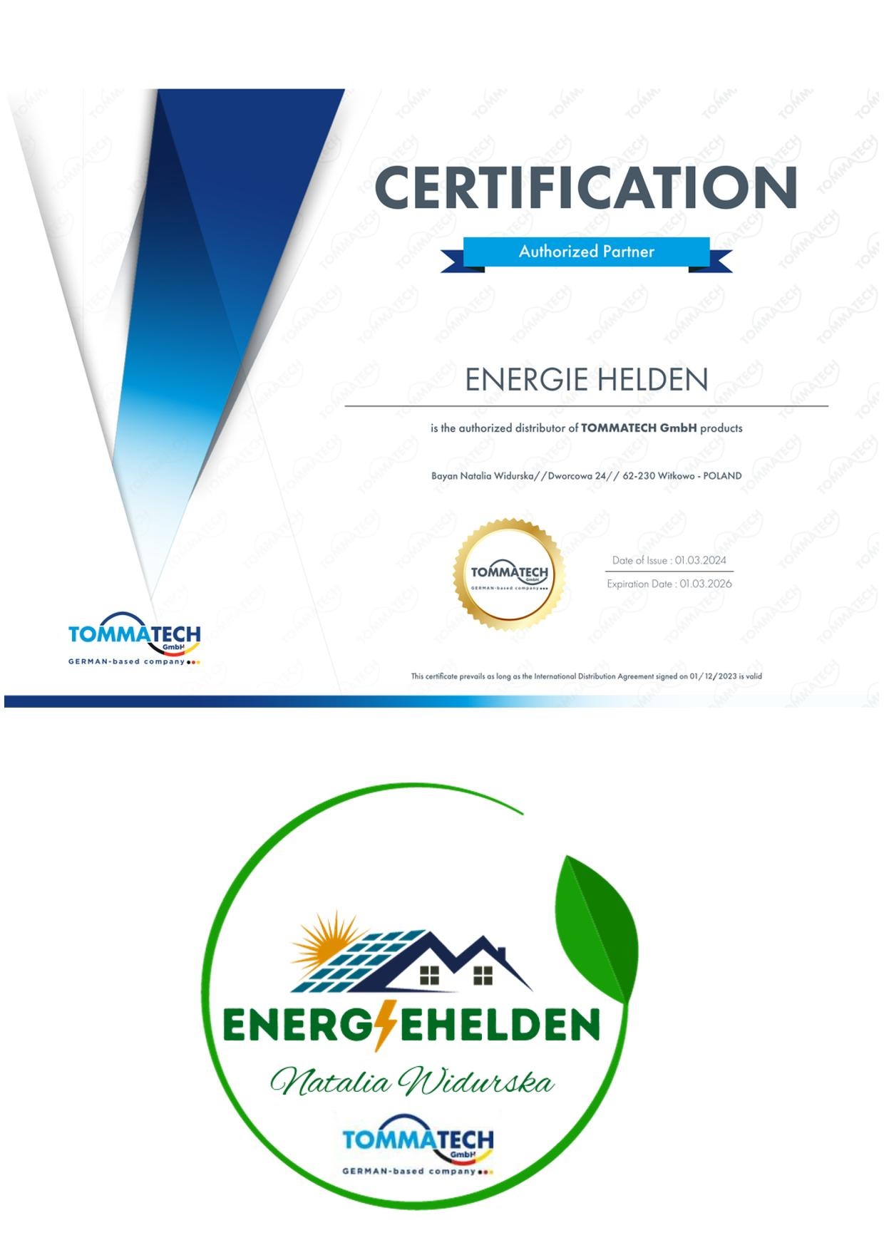 Certyfikat autoryzowanego partnera firmy TommaTech, dystrybutora produktów. Dokument z datą wydania i ważności, nazwa firmy i adres w Polsce, logo firmy.