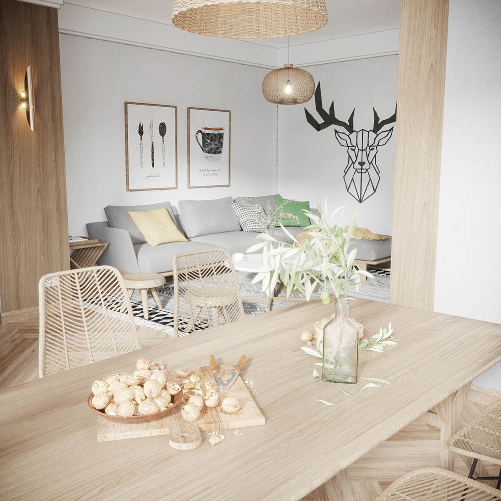 Jasne wnętrze: sofa, stół z orzechami i wazonem. W tle grafiki sztućców i jelenia, lampa z wikliny. Naturalne materiały, neutralna paleta barw, minimalistyczny design.