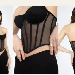 Kolaż: modelka w czarnym gorsecie z siateczki, widok z przodu i z tyłu, na białym tle. Widoczne detale jak złote kolczyki i pierścionki.