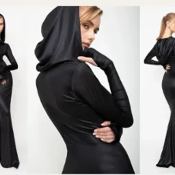 Kolaż: modelka w czarnej, dopasowanej sukni z kapturem, prezentowana z przodu, z boku i z tyłu na białym tle. Długie rękawy z wycięciami na kciuki, elegancki styl.