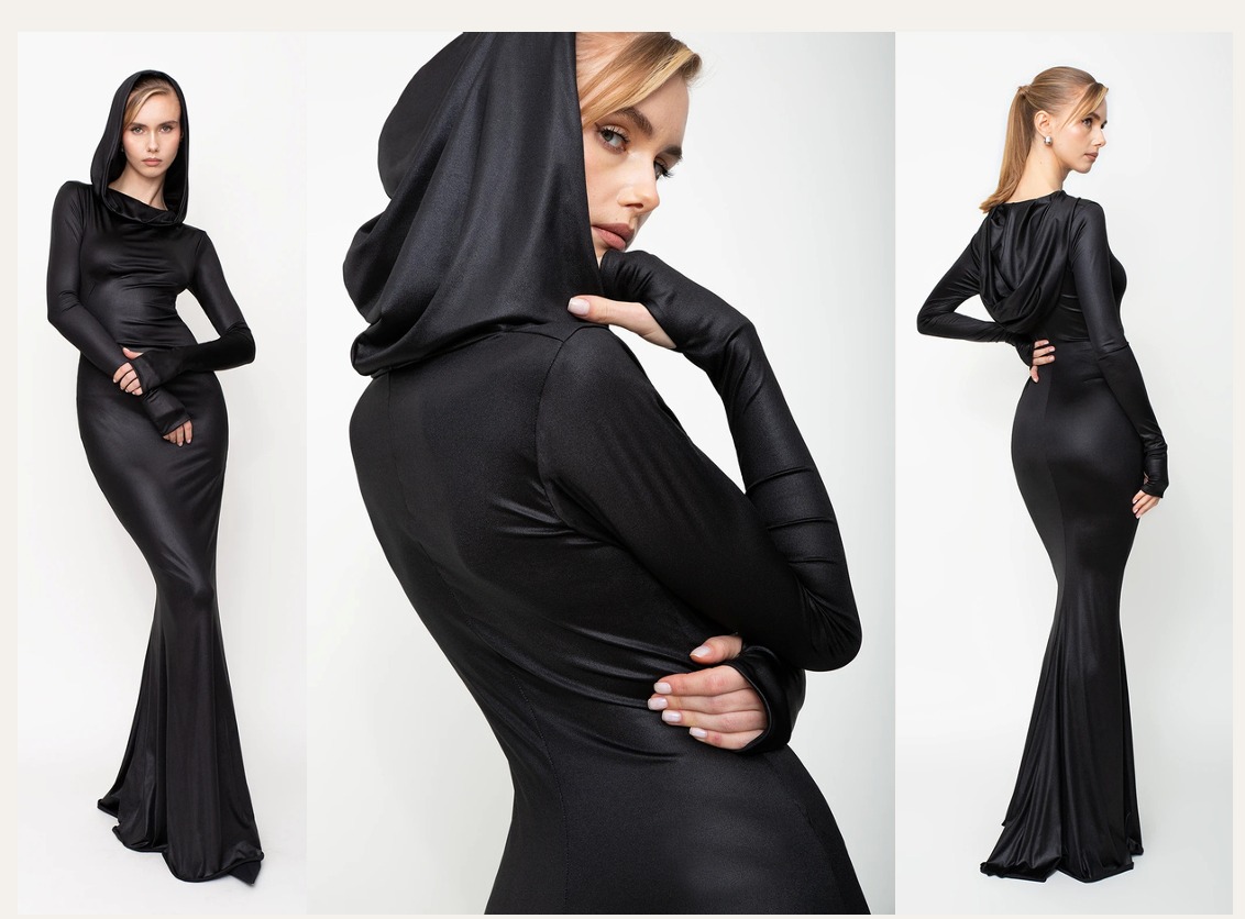 Kolaż: modelka w czarnej, dopasowanej sukni z kapturem, prezentowana z przodu, z boku i z tyłu na białym tle. Długie rękawy z wycięciami na kciuki, elegancki styl.