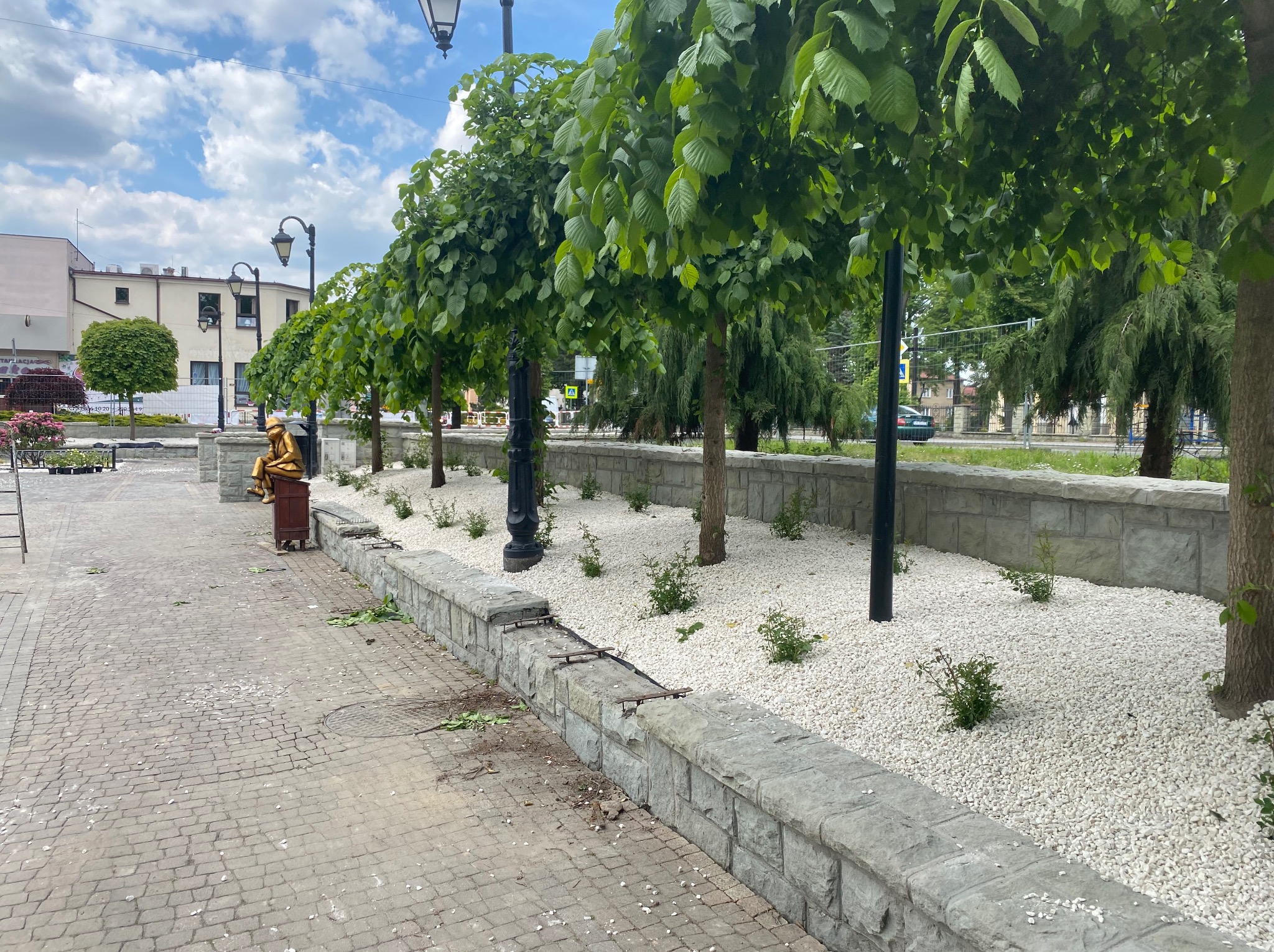 Kaskadowe drzewa wzdłuż kamiennego murku z białym żwirem, oświetlone latarniami. Widoczna kostka brukowa i rzeźba.
