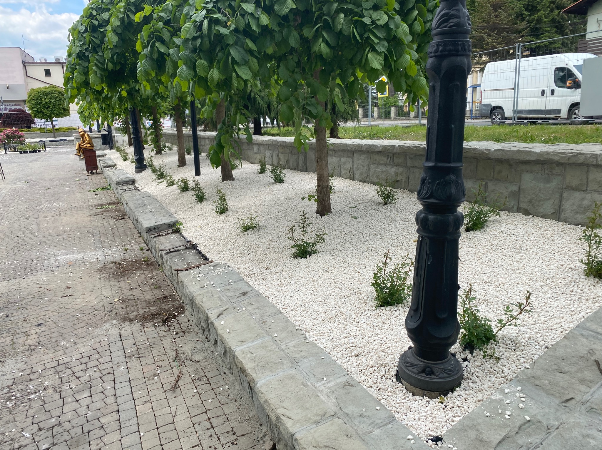 Uporządkowany teren zieleni miejskiej: rząd drzew z równo przyciętymi koronami, białe kamyczki i ozdobne lampy wzdłuż kamiennej ścieżki.