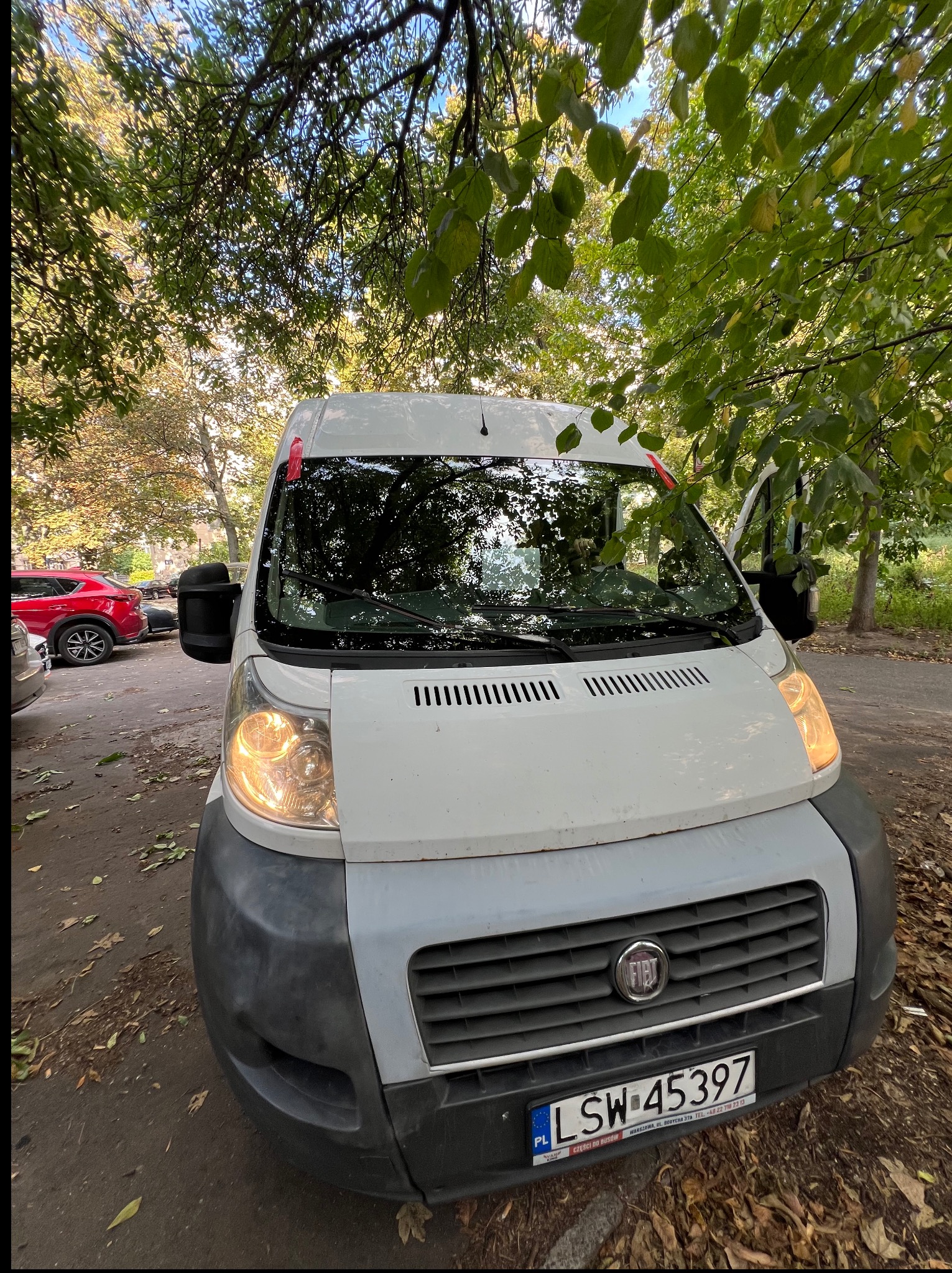 Biały bus Fiat Ducato z otwartymi drzwiami, zaparkowany na ulicy w cieniu drzew, z widoczną tablicą rejestracyjną. Światła włączone, liście na ziemi.