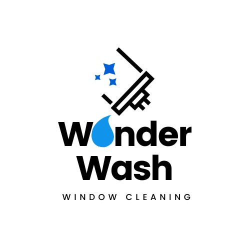 Logo firmy Wonder Wash Window Cleaning: czarny napis, niebieska kropla, grafika myjki i gwiazdki na białym tle. Minimalizm i nowoczesność.