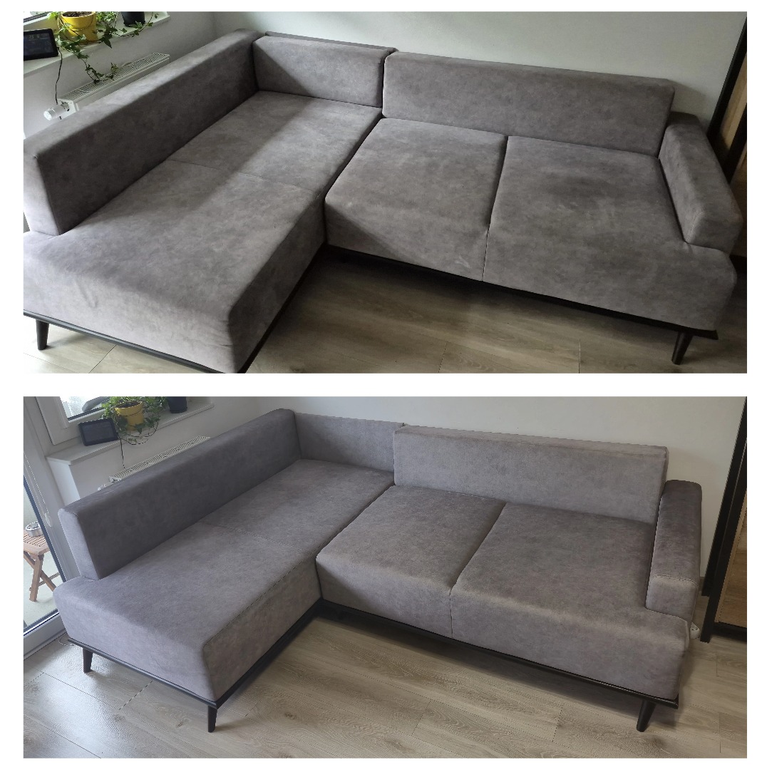 Dwa ujęcia szarej, narożnej kanapy na cienkich, czarnych nóżkach, ukazujące efekt czyszczenia: u góry przed, z widocznymi plamami, u dołu po, z odświeżonym kolorem.