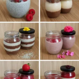 Desery w słoiczkach: chia z owocami, krem czekoladowy z kwiatem, warstwowe desery z kokosem, mus malinowy i galaretki owocowe na drewnianym tle.