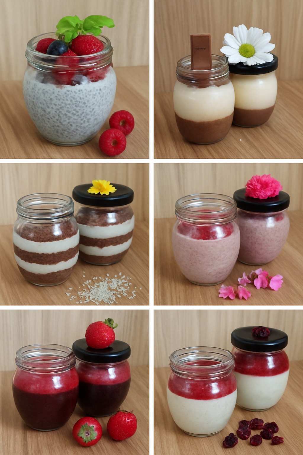 Desery w słoiczkach: chia z owocami, krem czekoladowy z kwiatem, warstwowe desery z kokosem, mus malinowy i galaretki owocowe na drewnianym tle.