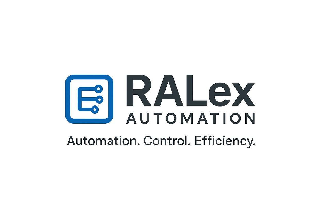 Logo firmy RALex Automation z niebieskim symbolem układu scalonego w kwadracie i hasłem: Automation. Control. Efficiency.