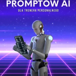 Grafika z robotem czytającym '50 gotowych promptów AI dla trenera personalnego' na tle kosmicznej siatki. Projekt graficzny z wyraźnym motywem technologicznym.