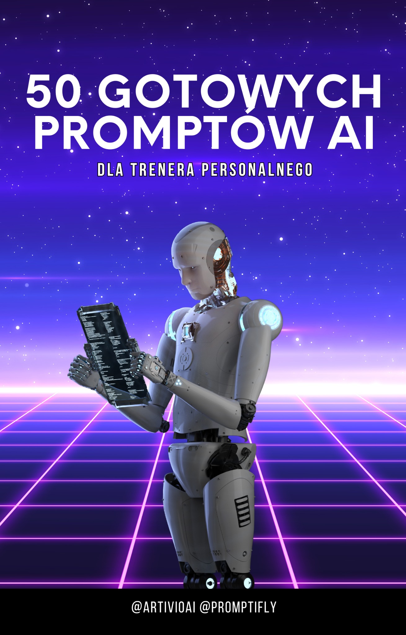 Grafika z robotem czytającym '50 gotowych promptów AI dla trenera personalnego' na tle kosmicznej siatki. Projekt graficzny z wyraźnym motywem technologicznym.