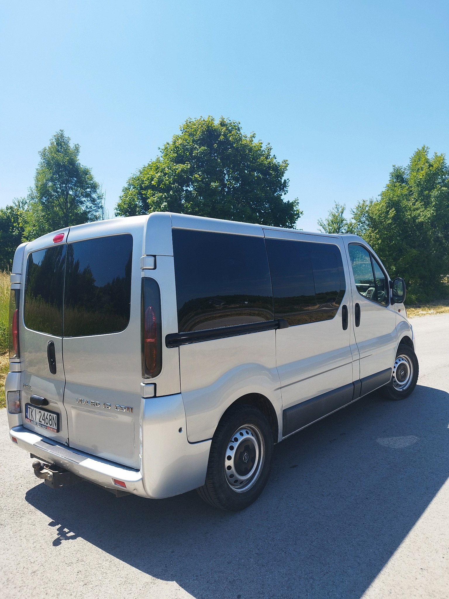 Srebrny Opel Vivaro z przyciemnionymi szybami, widok z tyłu na tle zieleni i błękitnego nieba, zaparkowany na asfalcie.