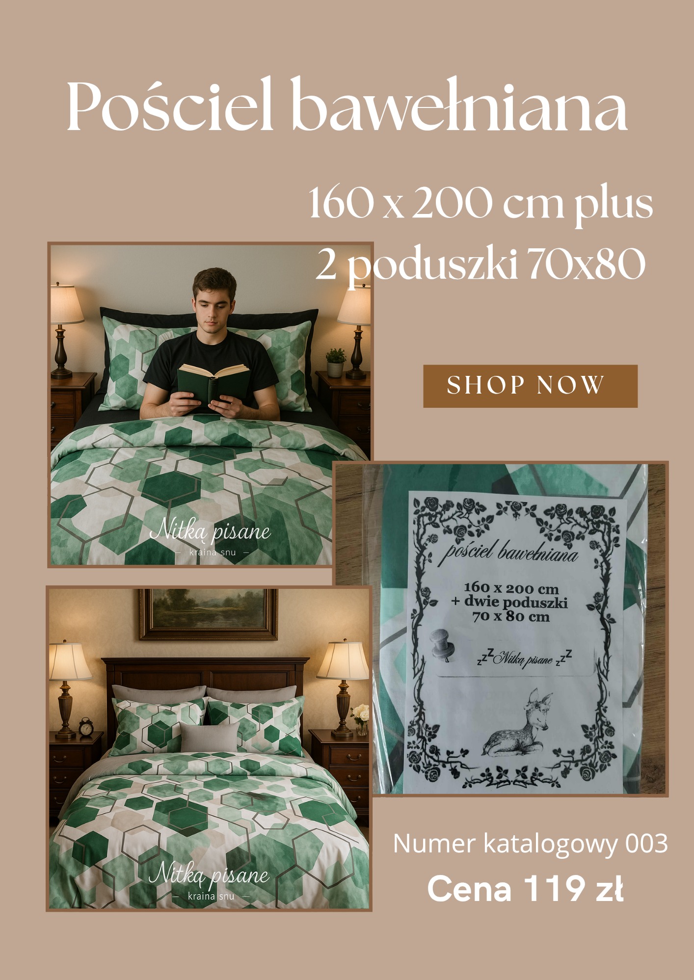 Komplet pościeli bawełnianej 160x200 cm z dwoma poduszkami 70x80 cm, prezentowany w aranżacji sypialni i w opakowaniu z motywem roślinnym i jeleniem.