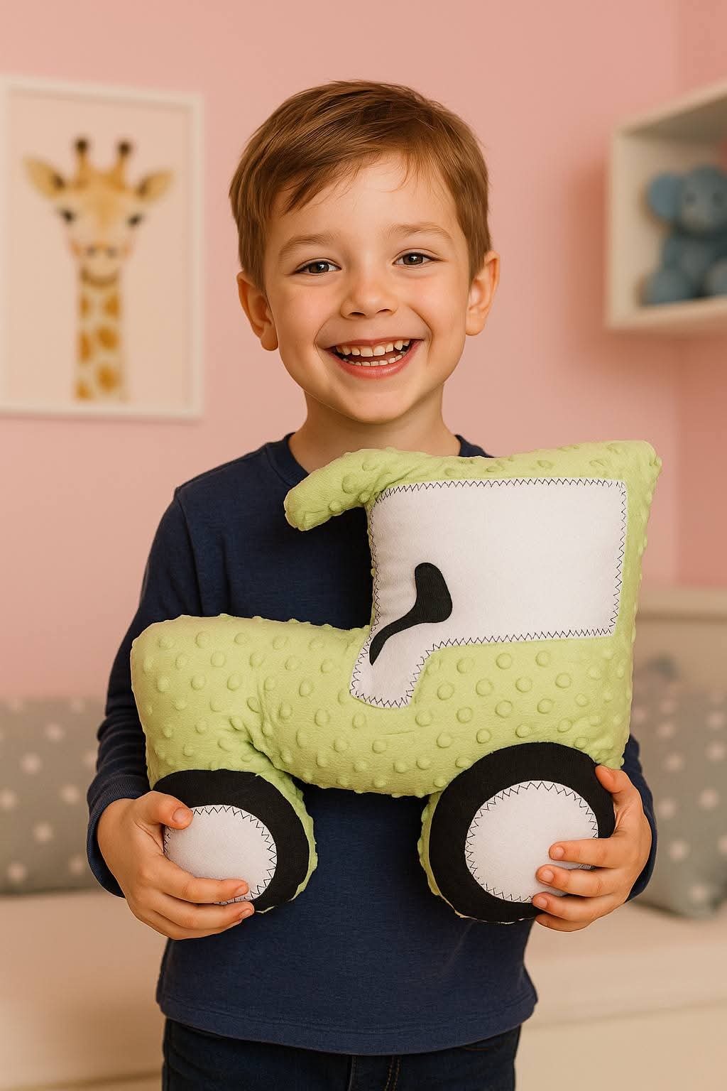 Uśmiechnięty chłopiec trzyma pluszową zabawkę - zielony traktor z białymi i czarnymi elementami, w tle pokój dziecięcy z dekoracjami.