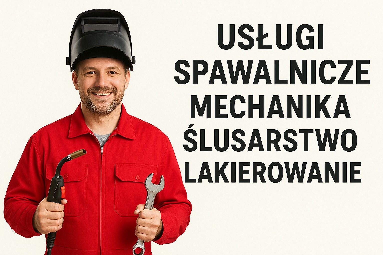 Uśmiechnięty spawacz w czerwonym kombinezonie, trzymający uchwyt spawalniczy i klucz, z maską na głowie. Obok napis: Usługi spawalnicze, mechanika, ślusarstwo, lakierowanie.