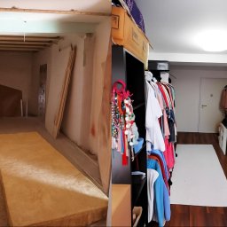 Andrzej Mazur - Zdjęcie 'przed i po' przedstawia transformację pokoju: surowy stan początkowy z materiałami izolacyjnymi kontra wykończona garderoba z meblami i ubraniami.