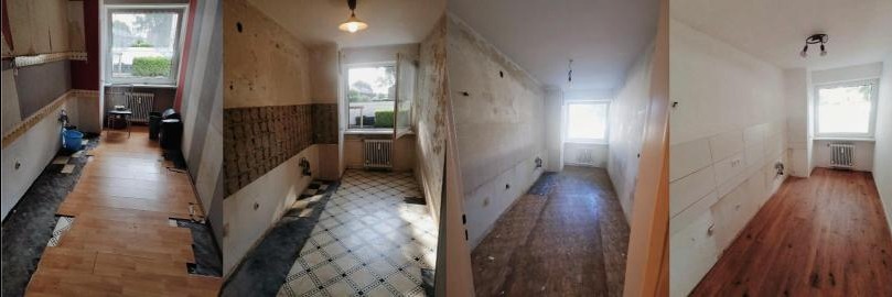 Czteropanelowe zdjęcie kuchni: przed remontem, w trakcie usuwania starych płytek, po szpachlowaniu i z nową podłogą. Widoczne okno i grzejnik. Odnowione wnętrze.