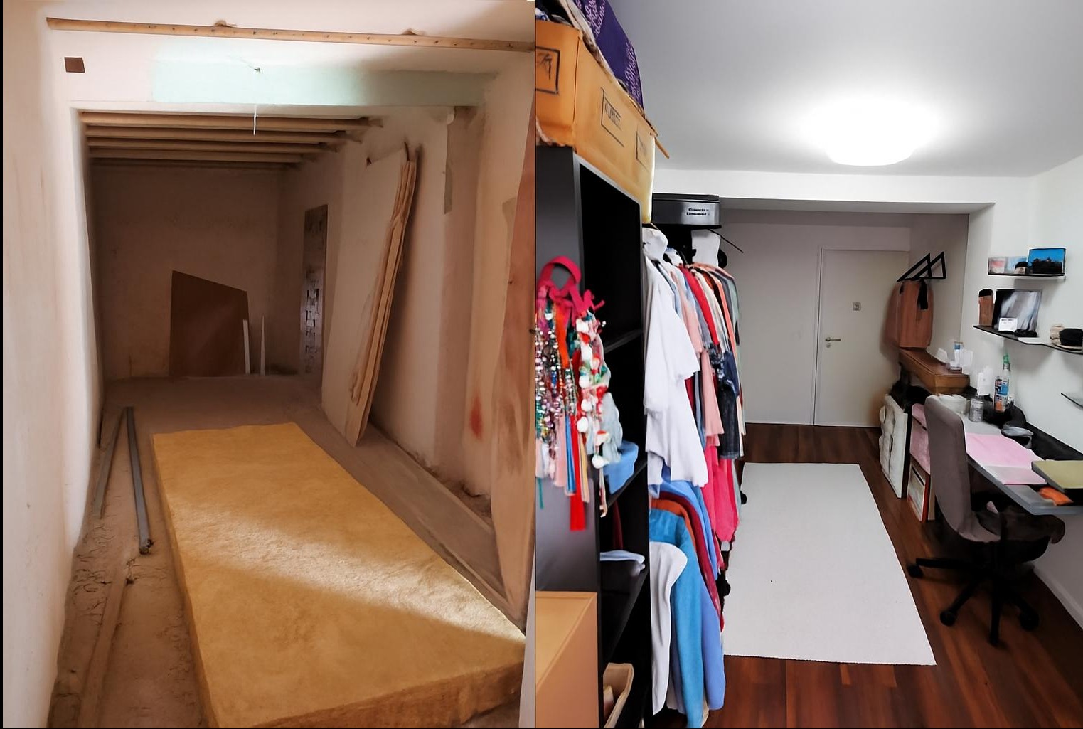 Zdjęcie 'przed i po' przedstawia transformację pokoju: surowy stan początkowy z materiałami izolacyjnymi kontra wykończona garderoba z meblami i ubraniami.