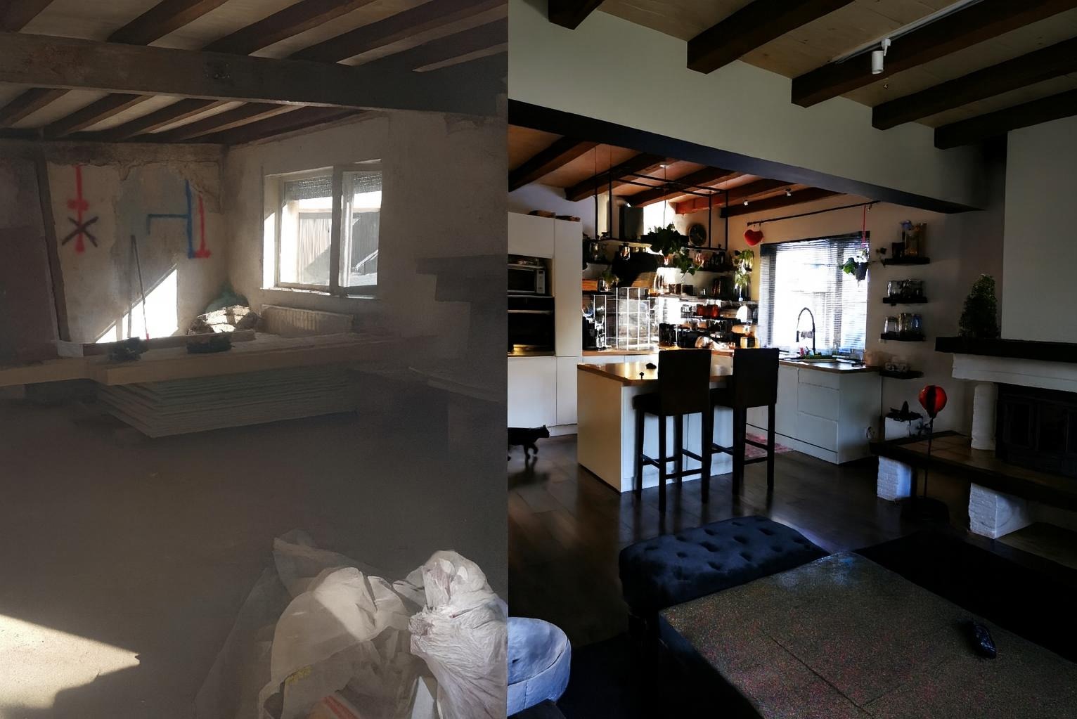 Zdjęcie 'przed i po' ukazujące transformację wnętrza: surowy pokój przed remontem i nowoczesna kuchnia z wyspą, drewnianymi belkami oraz stylowymi dodatkami.