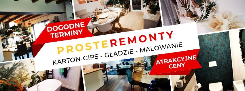 Kolaż zdjęć z realizacji remontów: salon z jadalnią, pokój dzienny, łazienka z akcentem na dekoracyjne wykończenia ścian. Napis: Proste Remonty, dogodne terminy, atrakcyjne ceny.