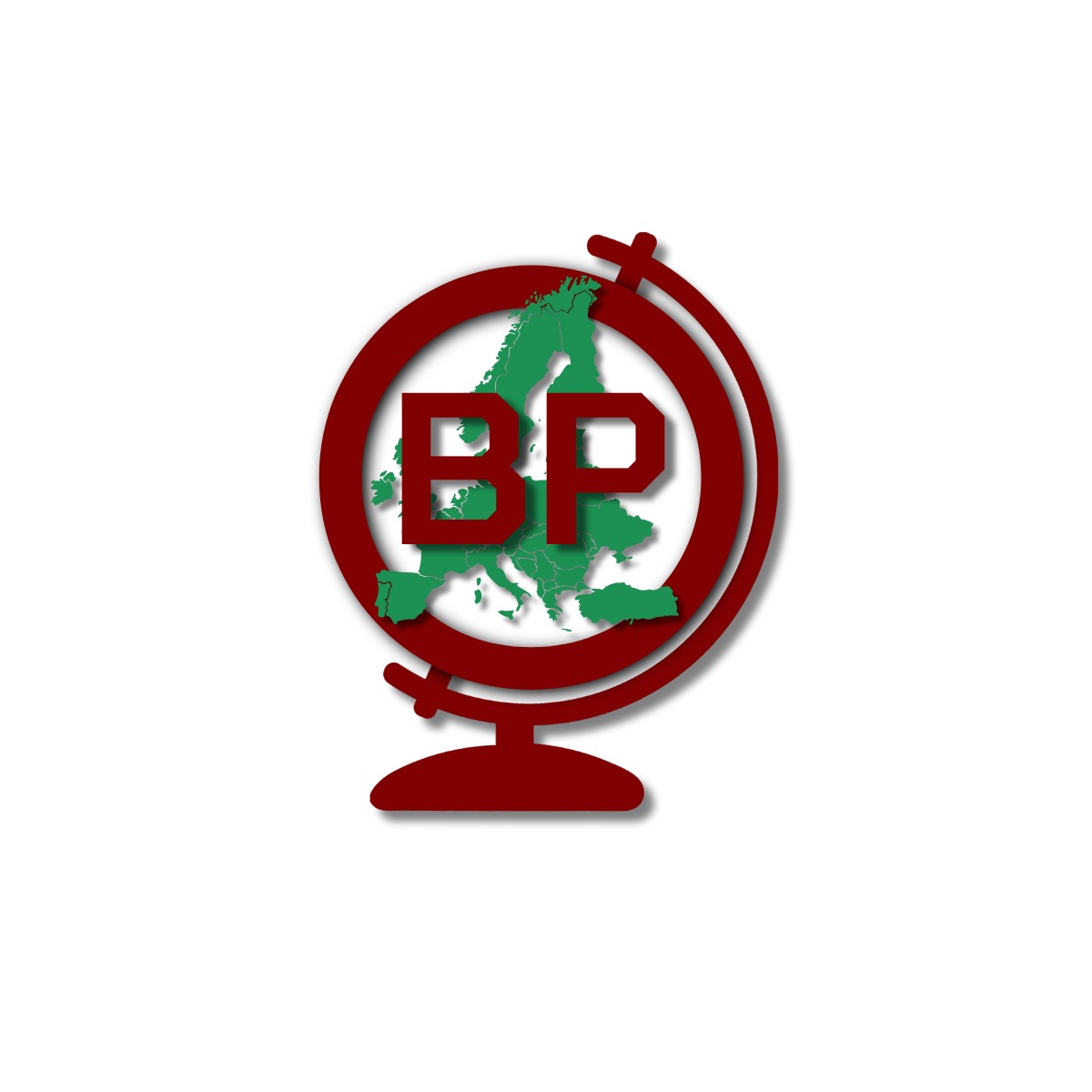 Logo biura podróży: mapa Europy w globusie z inicjałami 'BP' w kolorze zieleni i czerwieni na białym tle.