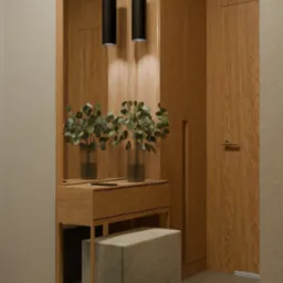Drewniane wykończenie przedpokoju w Warszawie: toaletka z lustrem, minimalistyczne lampy wiszące i puf. Nowoczesny i funkcjonalny design.