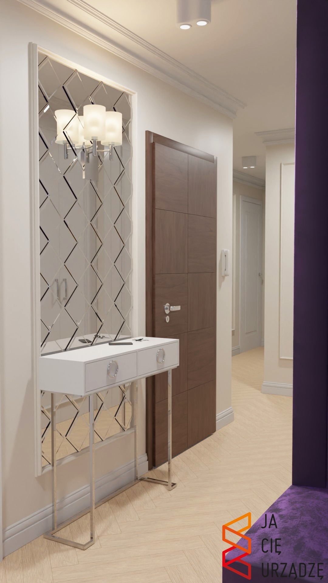 Wnętrze przedpokoju: biała konsola na metalowych nogach, lustro z geometrycznym wzorem, drewniane drzwi, podłoga w jodełkę i nowoczesne oświetlenie sufitowe.