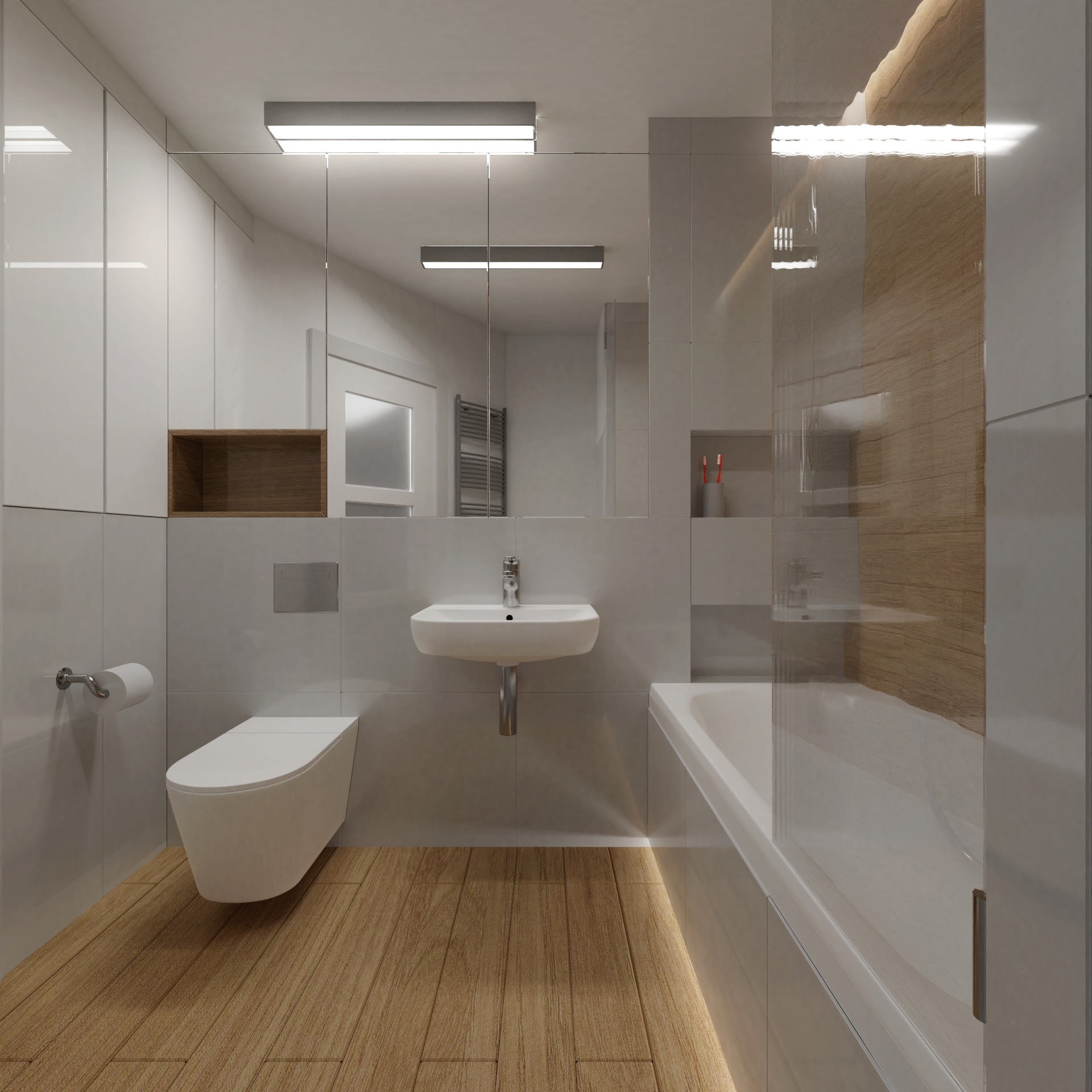 Nowoczesna łazienka z drewnianą podłogą i białymi sanitariatami. Minimalistyczny design z subtelnym oświetleniem LED. Lustro odbija wnętrze, powiększając optycznie przestrzeń.