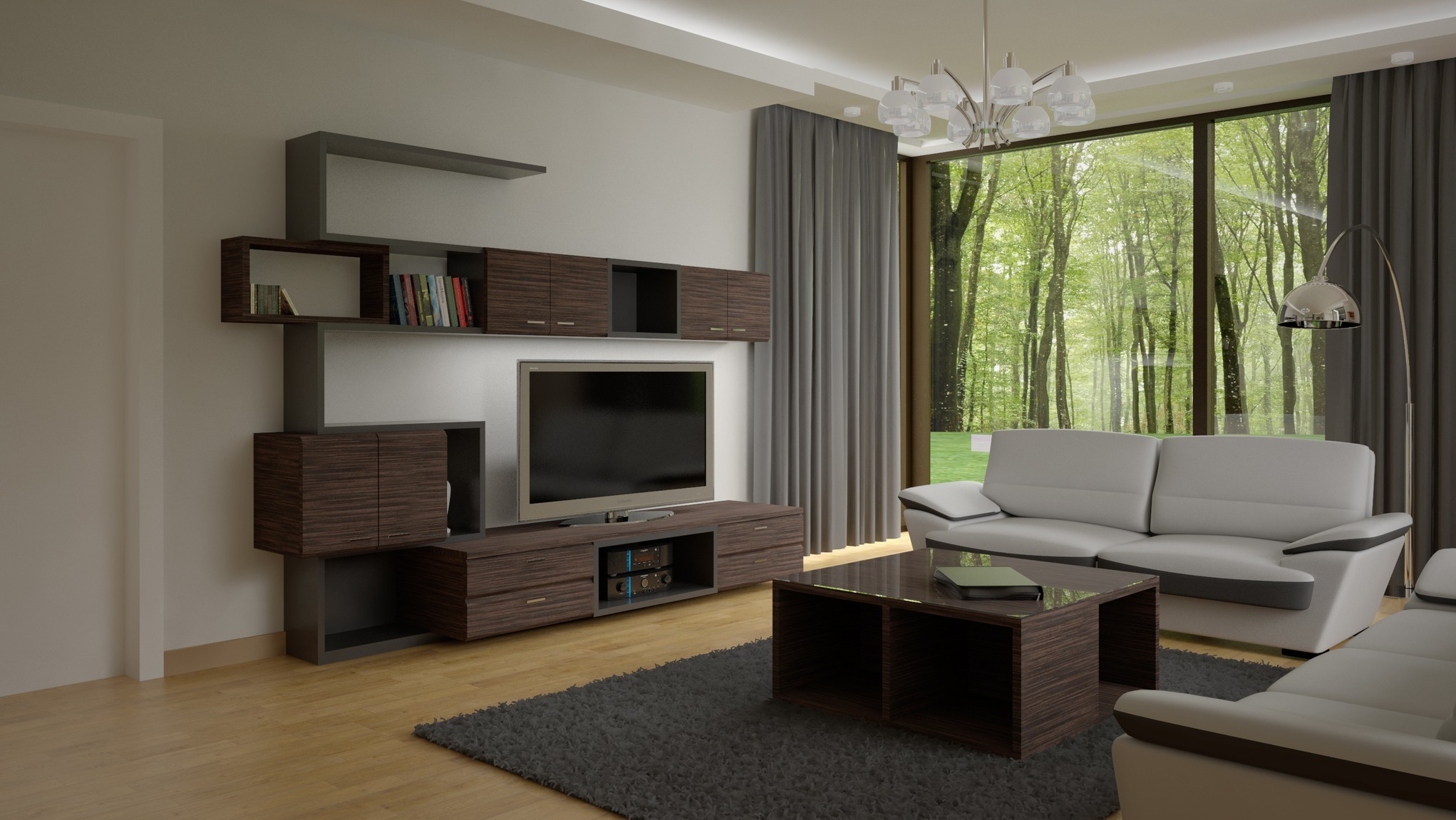 Nowoczesny salon z brązowymi meblami i dużym oknem z widokiem na las. Minimalistyczny design, szara sofa i dywan. Oświetlenie sufitowe.