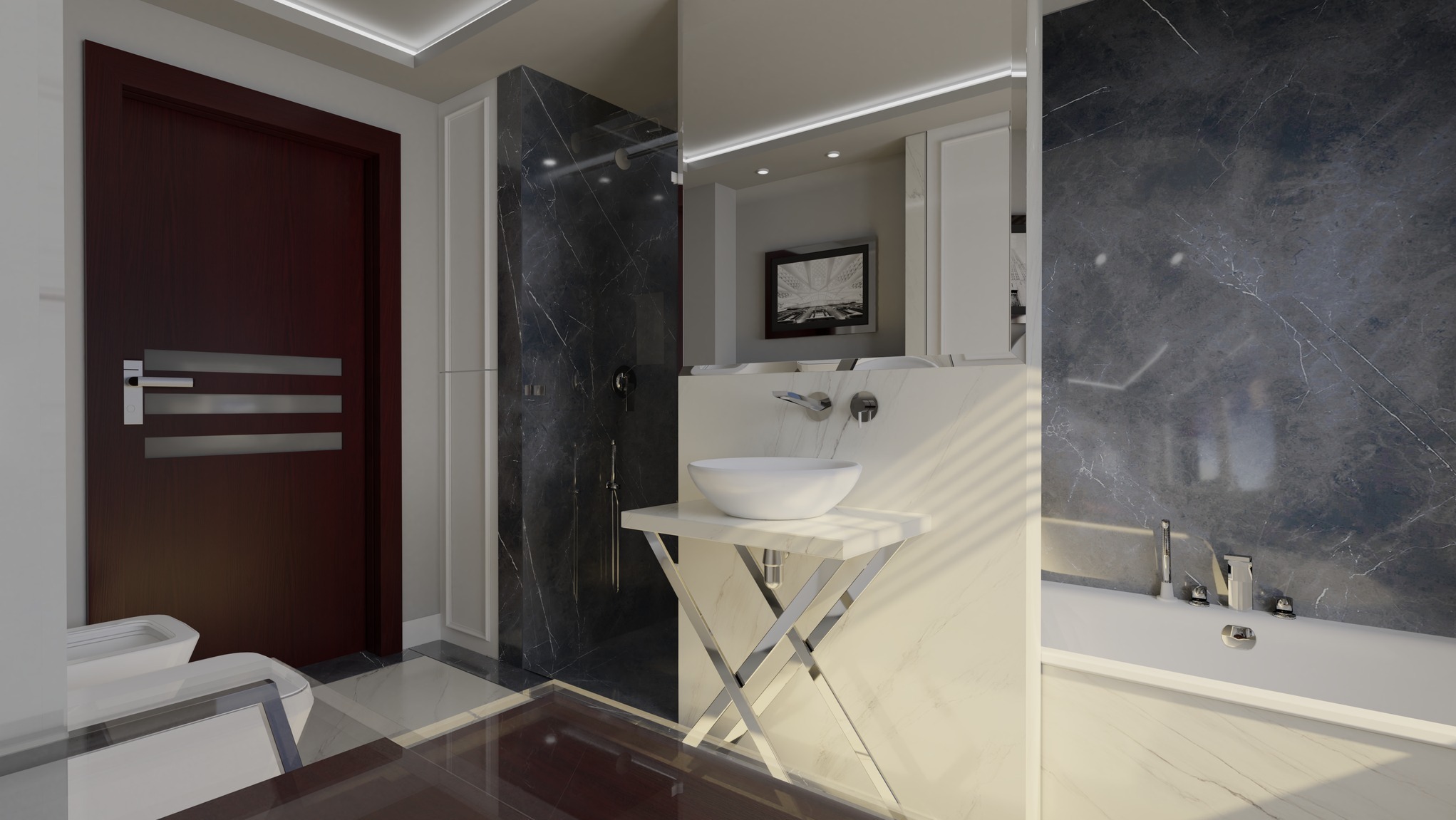 Nowoczesna łazienka z marmurową ścianą, białą umywalką na chromowanym stelażu i ciemnymi drzwiami. Widoczna wanna i kabina prysznicowa.