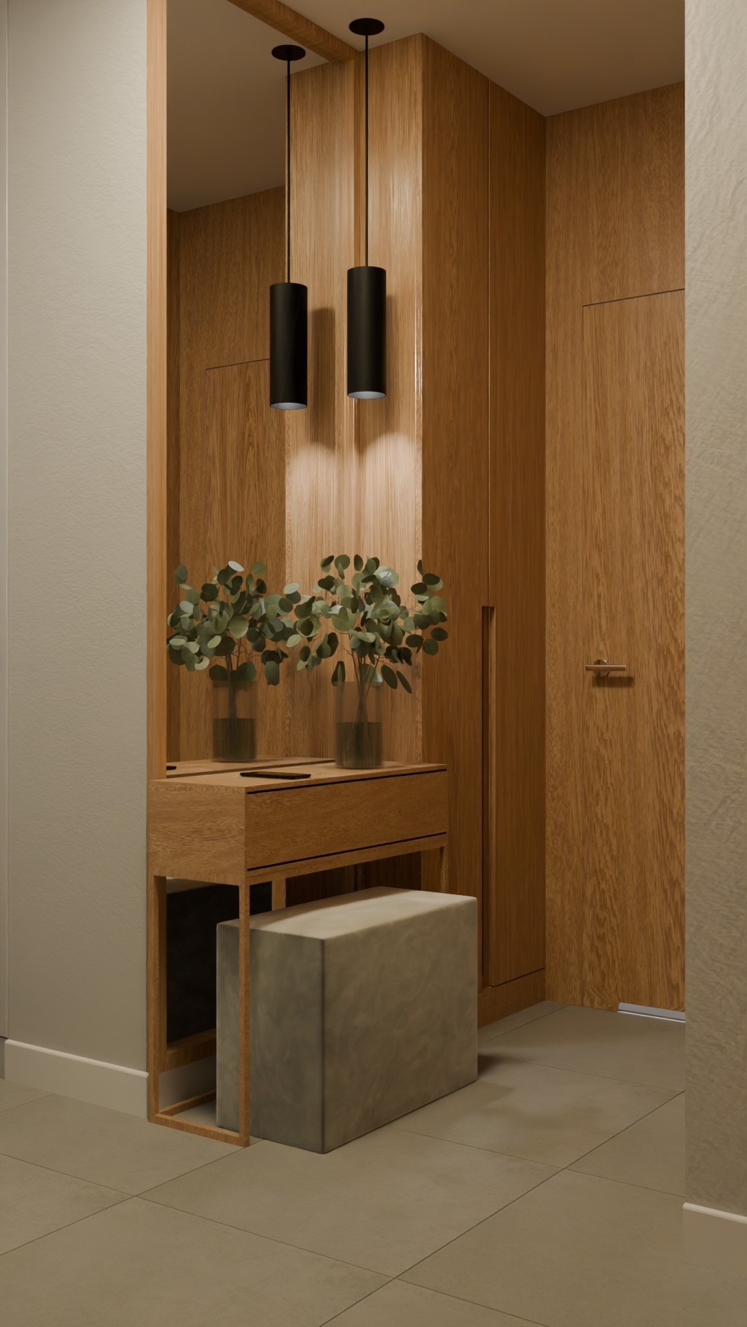 Drewniane wykończenie przedpokoju w Warszawie: toaletka z lustrem, minimalistyczne lampy wiszące i puf. Nowoczesny i funkcjonalny design.