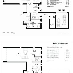 kspp - Rzut parteru i piętra domu z wymiarami pomieszczeń, oznaczonymi numerami. Widoczne rozmieszczenie pokoi, łazienek, kuchni i garażu. Dom 03/House 03.