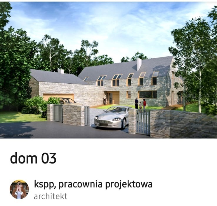Wizualizacja domu z kamienną elewacją, garażem i srebrnym sportowym autem na podjeździe. W tle drzewa i niebo. Nowoczesna architektura domu.