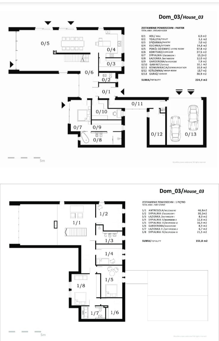 Rzut parteru i piętra domu z wymiarami pomieszczeń, oznaczonymi numerami. Widoczne rozmieszczenie pokoi, łazienek, kuchni i garażu. Dom 03/House 03.
