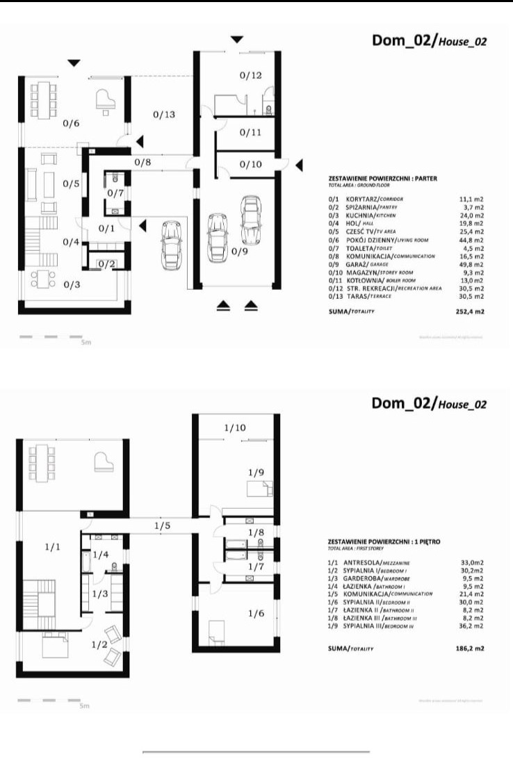 Rzut parteru i piętra domu 'Dom_02/House_02' z podziałem na pomieszczenia i zestawieniem powierzchni. Schemat architektoniczny w czarno-białej kolorystyce.