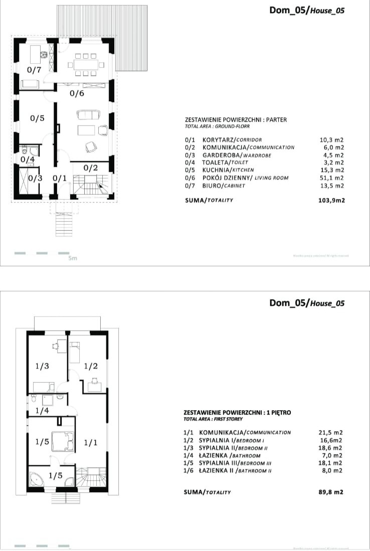 Rzut parteru i piętra domu z opisem powierzchni pomieszczeń. Plan architektoniczny domu z numeracją i nazwami pomieszczeń. Dom_05/House_05.