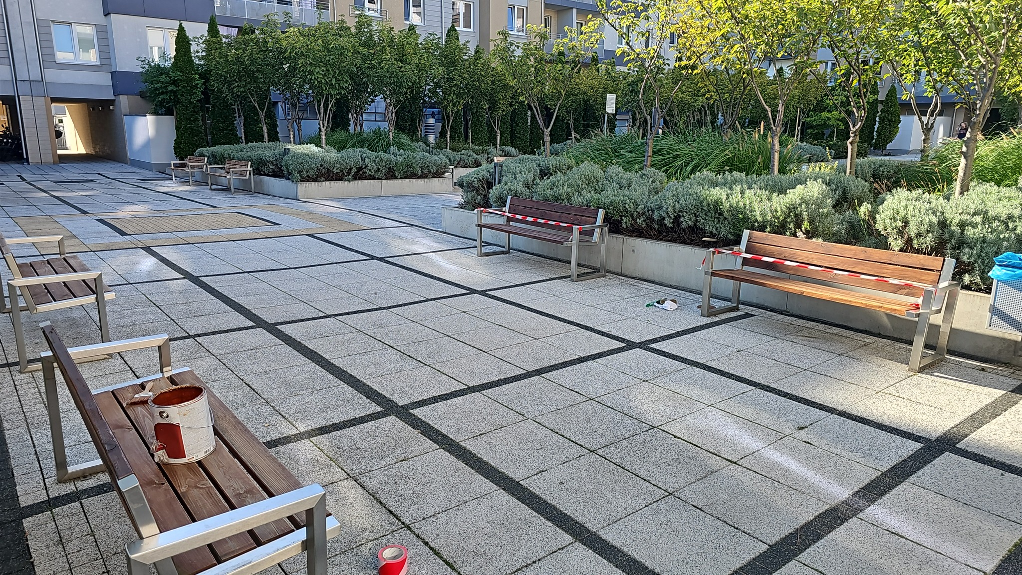 Miejski plac z drewnianymi ławkami w trakcie renowacji. Jedna ławka z puszką farby, inne zabezpieczone taśmą. Widoczne drzewa i budynki w tle, kostka z geometrycznym wzorem.