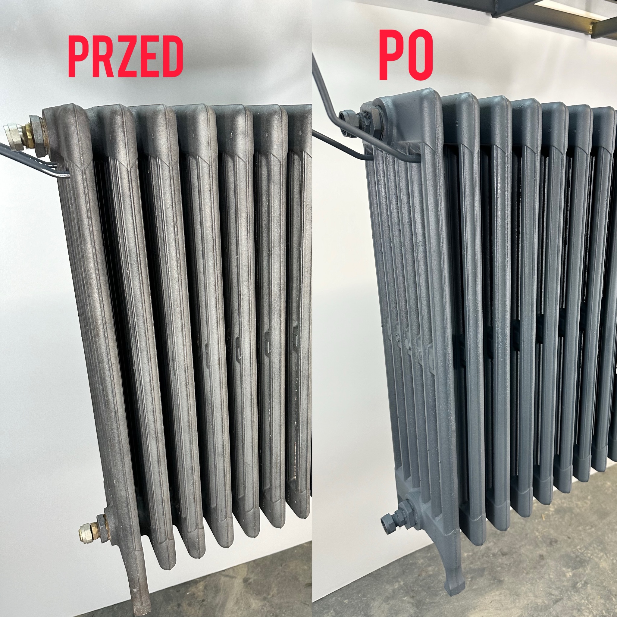 Grzejnik żeberkowy przed i po malowaniu: z lewej szary, z prawej świeżo pomalowany na szaro, z widocznymi detalami i przyłączami. Układ pionowy, format 'przed i po'.