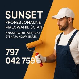 SunSet - Malarz z wałkiem na tle pomarańczowej ściany i ciemnogranatowego tła z tekstem. Widoczny numer telefonu.