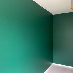 SunSet - Ściana pomalowana na intensywny, butelkowy odcień zieleni w rogu pomieszczenia. Widoczny fragment lampy z złotym wnętrzem i białe listwy przypodłogowe.