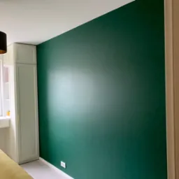 Ściana pomalowana na zielono w Luboniu, widoczne gniazdko elektryczne i fragment mebli. Gładka faktura farby, równomierne pokrycie. Nowoczesne wykończenie wnętrza.