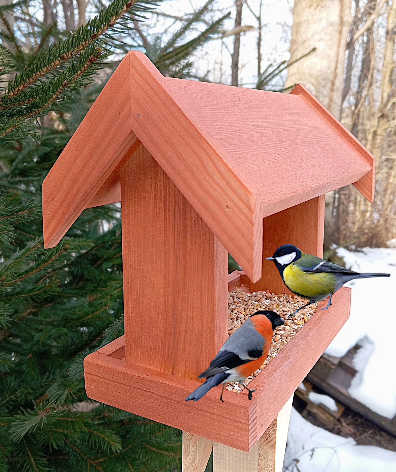 Ręcznie wykonany karmnik dla ptaków z drewna, pomalowany na ciepły, ceglasty odcień, z dwoma ptakami: sikorką bogatką i gilem, jedzącymi ziarno. W tle iglaste drzewo i śnieg.