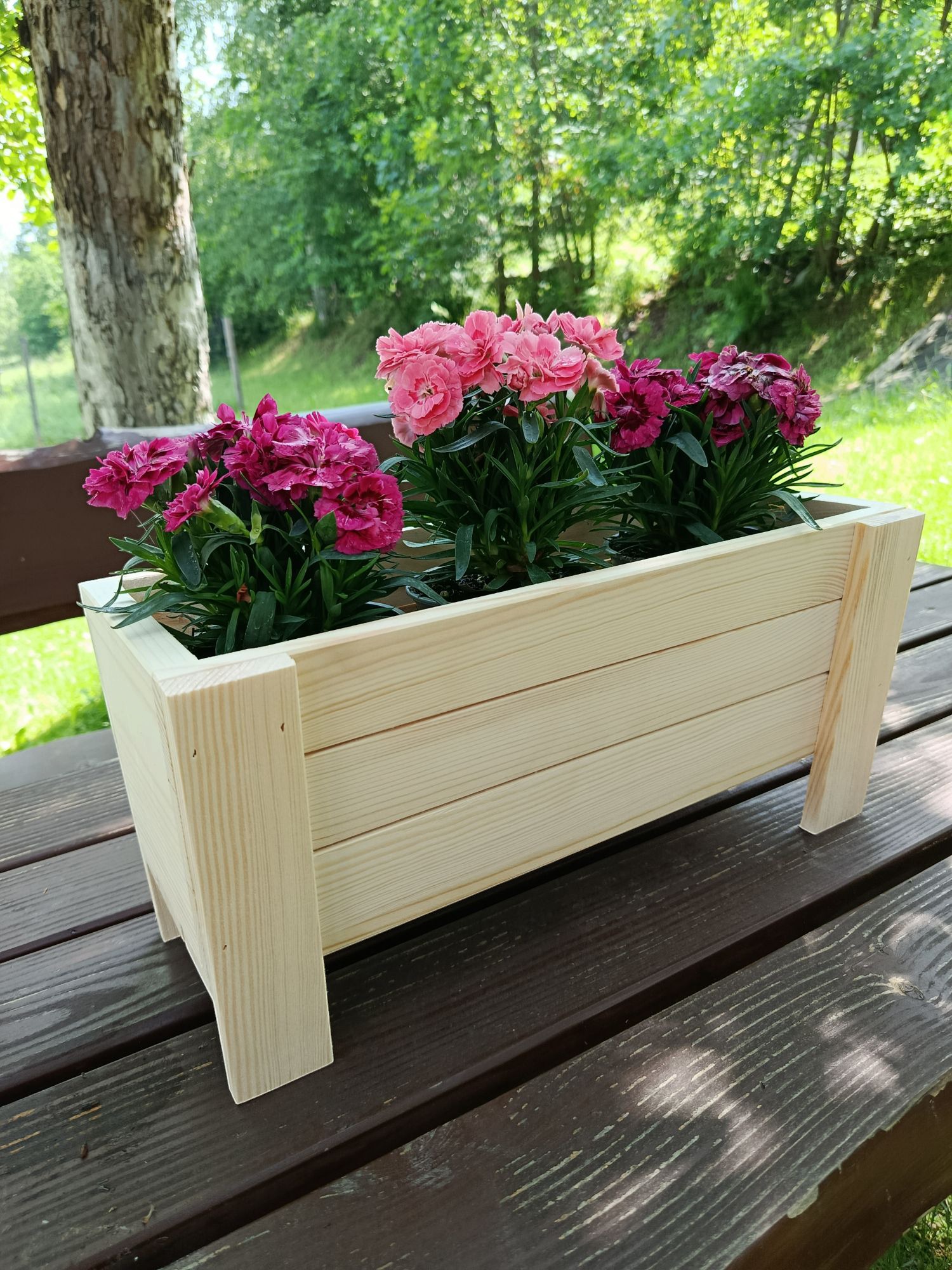 Drewniana skrzynka na kwiaty z różowymi i fioletowymi goździkami, umieszczona na drewnianym stole na tle zieleni. Naturalne, jasne drewno i widoczne łączenia.