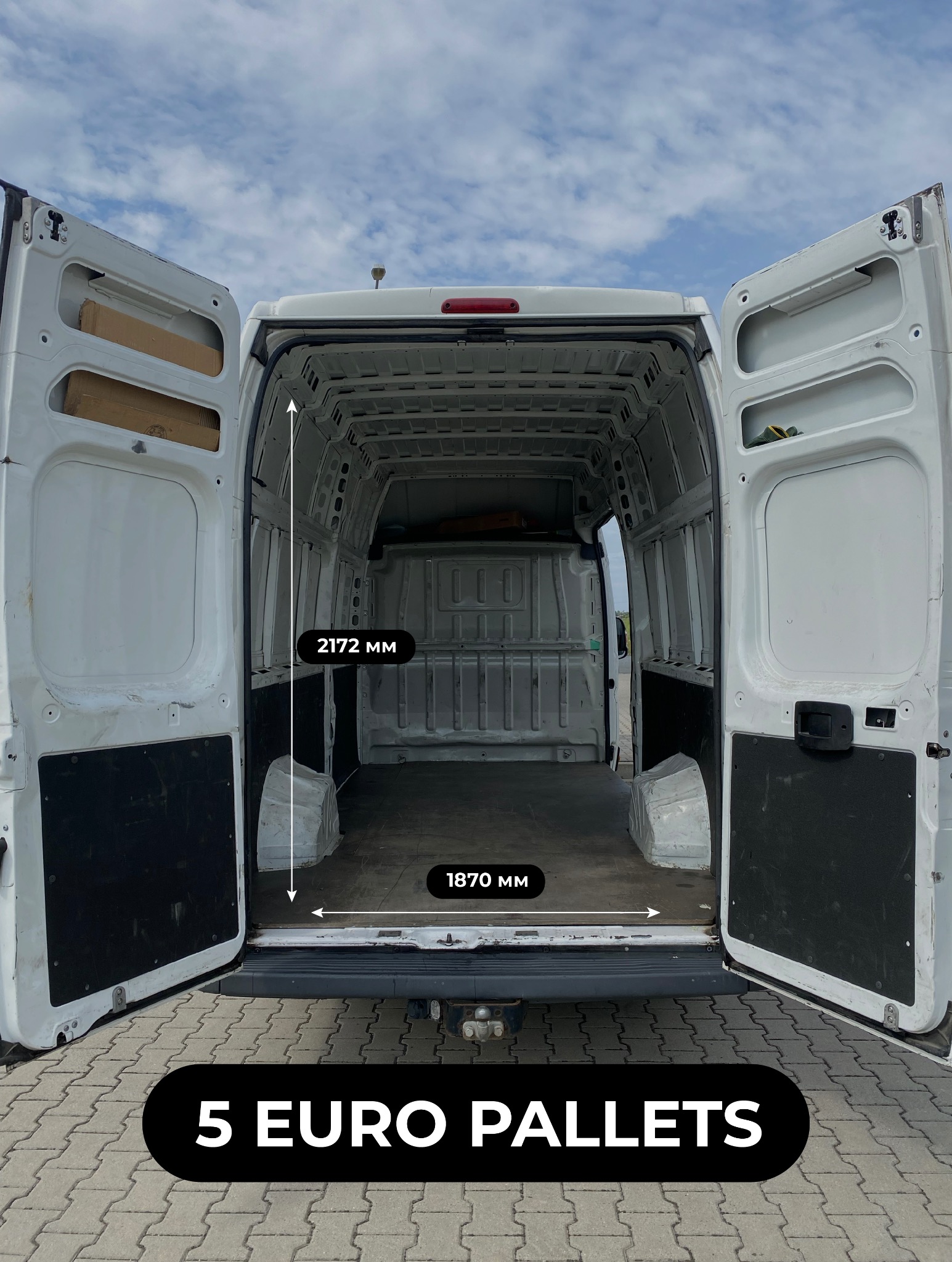 Wnętrze białego busa z otwartymi drzwiami, widoczne wymiary przestrzeni ładunkowej: 2172 mm wysokości i 1870 mm szerokości, z informacją o pojemności na 5 europalet.