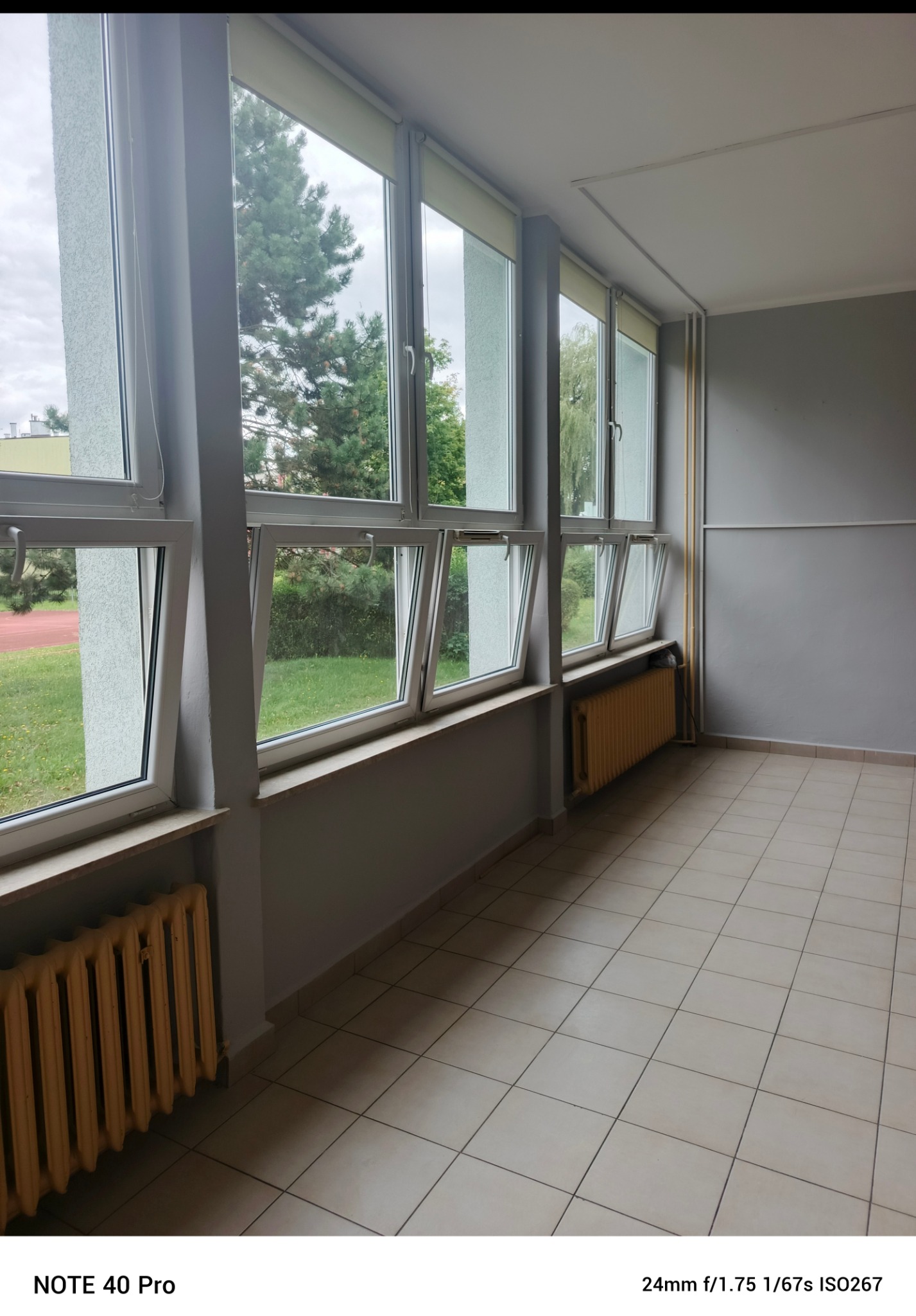 Jasne wnętrze z dużymi oknami wychodzącymi na zieleń. Na podłodze płytki, przy ścianie grzejnik. Ściany pomalowane na szaro, widoczne listwy przypodłogowe.